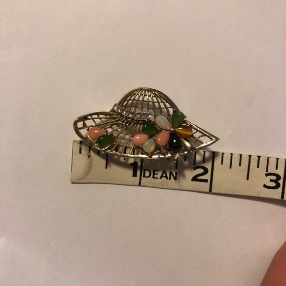 VTG Sunhat Brooch Opal Coral Jade Tigers Eye Onyx Gemstones & Rhinestones 2” - Picture 7 of 8